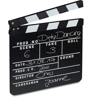 Relaxdays Filmklappe Holz, Regieklappe, Synchronklappe, Clapperboard, beschriftbar, Deko, H x B: 26 x 30 cm, schwarz, Holzwerkstoff, 30x26x1.5 Dekoration