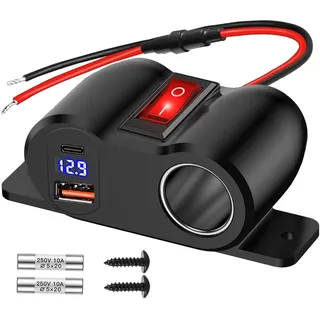 WIOONI 12V 120W Zigarettenanzünder Steckdose mit 36W PD USB-C und 18W QC3.0 USB-A Ladeanschlus mit Voltmeter, Schalter und LED-Anzeige für 12-24V Auto, LKW, Boot, Wohnmobil