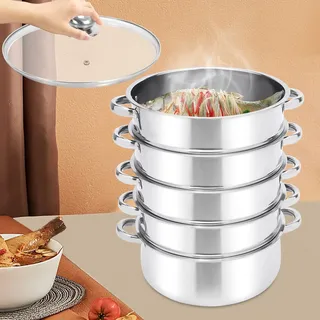 5-Etagen Edelstahl Dampfgarer Topf, 28cm Dampftopf Dampfkocher, Manti-Topf Mantowarka Dampfkocher Gardampftopf Dampfkochtopf, Edelstahl Dampfgarer Schongarer mit Glasdeckel & Griffen (Silber)