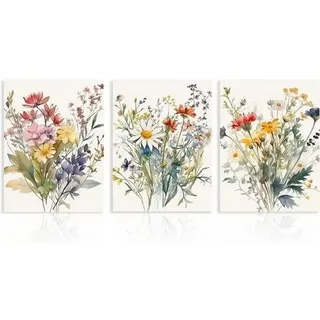 3er Set Aquarell Blumen Leinwandbilder 30x40cm ohne Rahmen