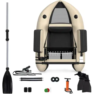 HOMASIS Schlauchboot, aufblasbares Angelboot mit Pumpe, Fischerboot mit Verstellbarer Rückenlehne, Belly Boat inkl. Alu-Paddel & Flossen, bis zu 160 kg belastbar, 136 x 105 x 54 cm (Beige)