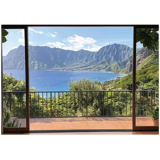 Wallarena Fototapete Fenster 3D Landschaft - Mehrfarbig - Modern - Vlies - Schlafzimmer, glatt, (4 St), 200x140cm bunt 2.0 m x 1.4 m