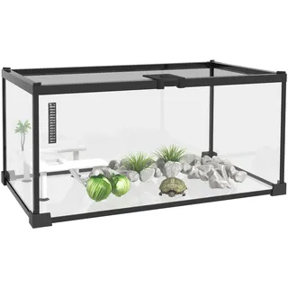 PawHut Reptilienbox für Reptilienzucht, Terrarium, transparent, Schiebedeckel, Metallgitter, Wasserspender, Thermometer, inklusive Glas, Metall, 50 x 30 x 25 cm, Weiß