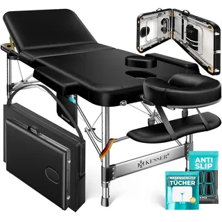 KESSER® Massageliege 3 Zonen bis 250kg, Massagetisch klappbar, verstellbar, tragbarer Koffer, Kosmetikliege, Therapieliege, Zubehör, Alu-Kopfstütze, Armlehne, Tragetasche, Anti Rutsch, 60cm, Schwarz