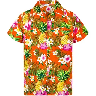 King Kameha Funky Hawaiihemd Kinder Jungen Mädchen Kurzarm Fronttasche Hawaii-Print Unisex Ananas Blätter Muster - 10 Jahre