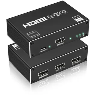 HDMI Splitter 1 in 3 Out 4K Aluminium HDCP1.4 3D UHD für 3 Monitore | HDCP1.4, 3D, UHD1080P, Alu-Gehäuse, Plug&Play, Spiegelmodus (kein erweitert), kompatibel TV/DVD/Spiele, stabil
