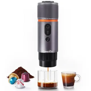 CONQUECO Espressomaschine 12V Auto kleine Reise-Kaffeemaschine, selbstheizend, 8 Tassen, 0.08l Kaffeekanne, Batteriebetrieben, kompatibel mit Nespresso-Kapseln silberfarben