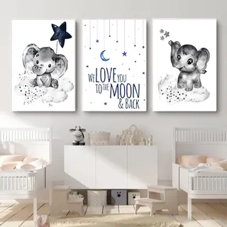 3er Set Poster Niedliches Tier, Baby-Elefant Grau Bilder Kinderzimmer Deko Junge Mädchen Babyzimmer Kinderbilder (A,40x50cm)