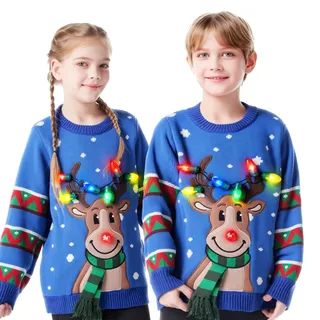 JOYIN Kinder-Weihnachtspullover mit LED-Beleuchtung, Rentier, hässlicher Weihnachtspullover, eingebaute Glühbirnen für Mädchen und Jungen (blau, S)