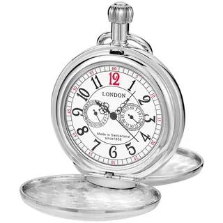 Vintage Silver Train London Design Mechanische Handaufzug Taschenuhr Edelstahl Herrenuhren mit Kette, 35-dh-Silber, Klassisch
