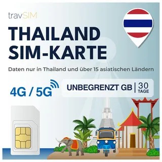 Thailand SIM Karte travSIM | Unbegrenzte Mobile Daten | Funktioniert auf iOS- und Android-Geräten | Der Plan auf Dieser SIM-Karte für Thailand ist 30 Tage lang gültig.