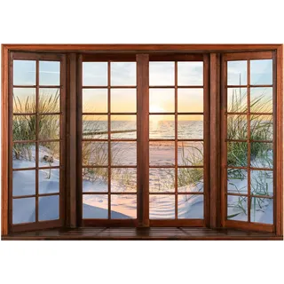 WallArena - Vlies Fototapete Fenster mit Aussicht Strand Meer Ostsee Fensterblick 208x146 cm - Fototapeten Tapeten für Wohnzimmer Schlafzimmer Vliestapete Wandtapete Tapete 3D Effekt- inkl. Kleister