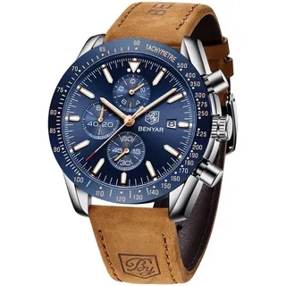 BY BENYAR BENYAR Uhren Herren Chronograph Quarz Braun Lederarmband Armbanduhr Herren Wasserdicht Leuchtende Datum Herrenuhr Mode Lässig Sport Business-Kleid Uhren fur Männer Elegantes Geschenk