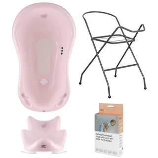 Hylat Baby Badewanne mit Gestell und Badewannensitz Pflegeset für Neugeborene: Babywanne mit Ständer (Faltbar) und Babysitz - stabil und bequem Farbe: Rose, Motiv:Hug, 4-teiliges SET