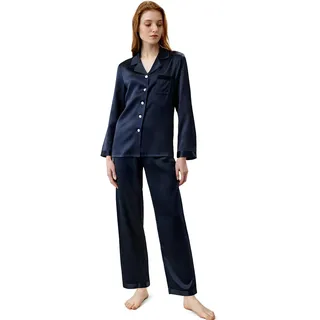 LilySilk Damen 100% Reiner Seide Pyjama-Set Frauen Luxus Langarm-Oberteil mit Knopfleiste und elastischer Unterteil-Loungewear-Schlafanzug(dunkelblau,S) - S