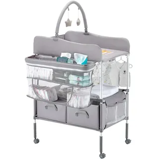 Vevor Wickeltisch Faltbare Wickelstation mit 2 Stoffschubladen & Seitenkorb & Kleiderstange, höhenverstellbarer tragbarer Wickelkombi mit feststellbaren Rädern und 2 Sternspielzeugen, hellgrau