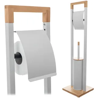 KADAX Toilettenpapierhalter mit integrierter WC-Bürste, Klopapierhalter Stehend mit Klobürste für Badezimmer, WC Garnitur aus Stahl und Bambus (Weiß)