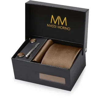 MASSI MORINO Krawatte Braun mit Einstecktuch Set Herren inkl. Manschettenknöpfe, Krawattennadel und Geschenkbox | Männer Krawattenset zur Hochzeit - 147 cm
