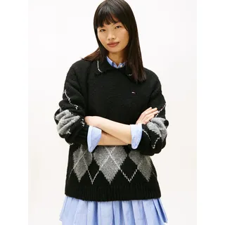 Strickpullover TOMMY JEANS "TJW OVS ARGYLE POLO SWEATER", Damen, Gr. XS (34), schwarz, Strick, Obermaterial: 69% Polyacryl, 23% Polyester, 8% Alpaka, gemustert, regular fit, Pullover Strickpullover