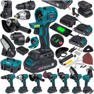 AL-FA Akku Multifunktionsgerät 7in1 Schlagbohrschrauber Winkelschleifer Schlagschrauber: Mini-Kettensäge Kompressor USB-Powerbank Renovierer