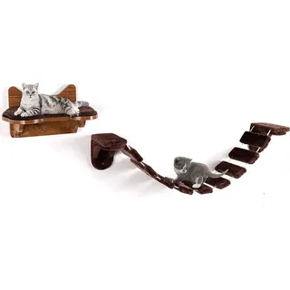 Costway Katzen Kletterleiter Klettergerüst mit Laufsteg, Katzenbrücke Holz Wandliege Katzenliege Wandmontage