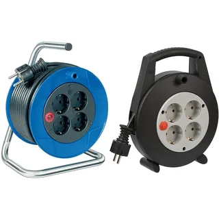 Brennenstuhl Garant Kompakt Kabeltrommel/Indoor-Kabeltrommel mit 4 Steckdosen & Vario Line Kabelbox 4-fach/Mini-Kabeltrommel (Indoor-Kabeltrommel für Haushalt, 5m Kabel, Made in Germany) schwarz/grau