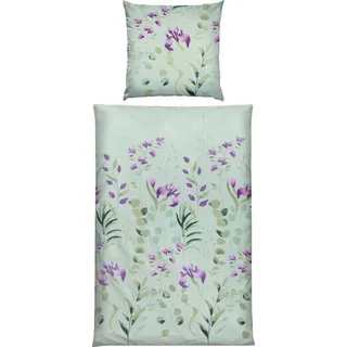 Erwin Müller Mako-Satin Blumen/Blätter Grün 135 x 200 cm + 80 x 80 cm