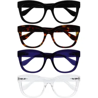OPULIZE BIG Blaulichtfilter Lesebrille für Damen Herren - Übergroßer runder Fashion-Rahmen - Entspiegelt Blendfrei Computerbrillen UV Anti-Müdigkeit - 4er-Pack - Schwarz Braun Indigo Klar - +1,00