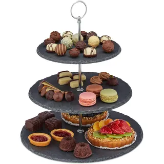Relaxdays Etagere, 3 Etagen, Schiefer, Kuchen, Snacks, Obst, Metallgriff, Servierständer, HxD 34x30 cm, anthrazit/silber,