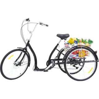 26'' Dreirad Erwachsene 3 Räder Fahrrad 6 Gang Bike Mit Korb Dreirädriges Cruiser-Fahrrad Tricycle - Schwarz