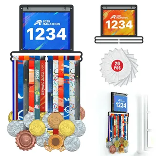 Jolitac Sportmedaillen-Auszeichnungsständer, Wandmontage, Marathon-Medaillen-Aufhänger, Halter für 60+ Medaillen, 100 Läufer, Rennlätzchen, 20 Lätzchen, Flip Vinylhüllen