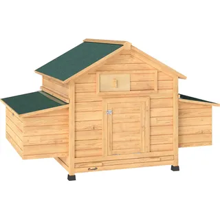 PawHut Hühnerstall aus Holz mit 2 Nestern, Außenstall mit aufklappbarem wasserdichtem Dach, herausnehmbarem Schale und Sitzstangen, Hühnerhaus für 2-4 Hühner, Ente, Garten, 150x100x96,5 cm, Gelb   Aosom