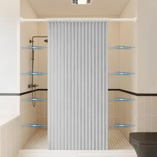 Haoyunll Wasserdichter Anti Schimmel Duschvorhang aus Faltstoff für Begehbare Duschen, Waschbare Magnetische Duschvorhänge mit Haken, 220 g/m2, Hellgrau, 220x180cm