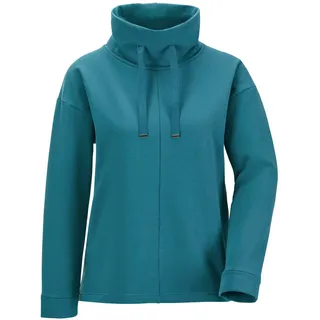 GOLDNER Hausanzug "Kurzgröße Sportiver Kragenpullover mit Tunnelzug", Damen, Gr. 24, grün (petrol), Obermaterial: 92% Baumwolle CO. 8% Elasthan EL., normales Bündchen, Homewear-Sets Hausanzug, halsferner Umlegekragen mit Bindeband