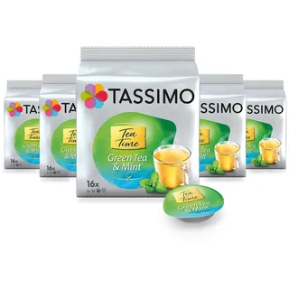 Tassimo Kapseln Tea Time Grüner Tee mit Minze, 5 x 16 Pads, 80 Teekapseln