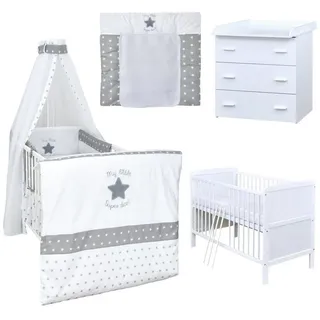 Baby-Delux Babyzimmer-Komplettset Babyzimmer 140x70 weiß Komplettset, (13-tlg), Babybett Wickelkommode Bettwäsche Set Komplettzimmer weiß