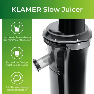 Klamer Slow Juicer Gemüse und Obst, Entsafter mit Rückwärtsgang, elektrische Fruchtpresse mit Bürste und 2 Behältern, schlankes Design, schwarz