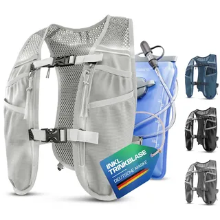 SASMO® Laufweste Damen & Herren 5L | Running Vest - Ultraleicht 270g & atmungsaktiv| Laufrucksack Damen - 8 Taschen | Laufweste Herren | Trinkweste Laufen (weißgrau - mit Trinkblase, 5L)