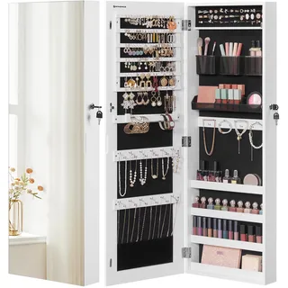 SONGMICS Schmuckschrank hängend, Hängeschrank, abschließbarer Spiegelschrank, Wandschrank mit rahmenlosem Ganzkörperspiegel und 2 separaten Make-up-Organizern, für Ketten, Ohrringe, weiß JJC001W01