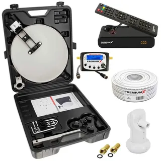 PremiumX Camping Satelliten Anlage komplett Satellitenschüssel HD TV Receiver SAT-Finder Single LNB 10m Kabel F-Stecker im Koffer