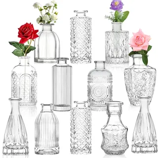 Glas Knospe Vase Set von 12 - Mini Klar Vasen in Bulk, Vintage Glasflaschen für Home Decor, Hochzeit Mittelstücke, Tischdekoration, Blumenarrangements