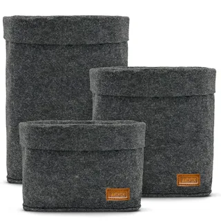 MIQIO Design Premium Filzkorb | 3er Set Aufbewahrungskörbe | Öko-Tex Zertifiziert | Faltbarer Organizer | Würfelbox für Küche, Wohnzimmer, Flur oder Bad | Dunkelgrau