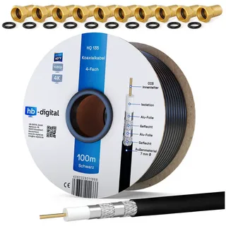 HB-DIGITAL Koaxkabel 100m HQ 135dB 4-Fach geschirmt Stahl Kupfer 10x F Stecker SAT-Kabel, F Stecker, (10000 cm), UV- Wasser und Temperaturbeständig schwarz