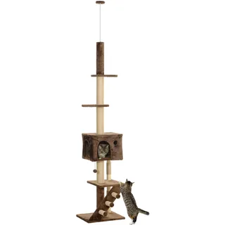 PawHut Kratzbaum Deckenhoch, Katzenbaum, 225-265 cm Katzenkratzbaum mit Katzenhöhle, Kratzstämmen, Spielball, Katzenmöbel mit Kippschutz, Braun