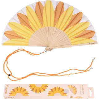 Fisura Holzfächer mit Sonnenblumenmuster. Farbenfrohes, Elegantes Accessoire, tragbarer gelber Handventilator mit praktischem Aufhänger. Maße: 42,5 x 23 cm