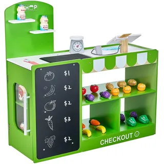 Vevor Kaufmannsladen-Spielset, Holzspiel 35-teilig, Kinder-Supermarkt-Spielladen mit Einkaufstasche, Förderband, Scanner, Registrierkasse, realistischer Obst und Gemüse, für Kinder ab 3 Jahren