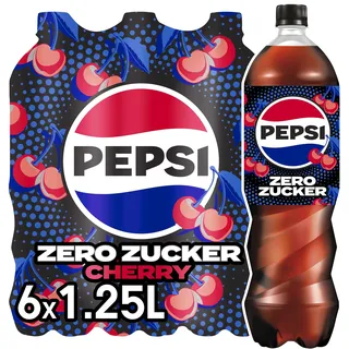 pepsi Zero Zucker Cherry, Das zuckerfreie Erfrischungsgetränk von Pepsi ohne Kalorien, Koffeinhaltige Cola mit Kirschgeschmack in der Flasche, EINWEG (6 x 1.25 l) (Verpackungsdesign kann abweichen)