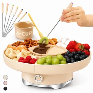 LUSHYUM Elektrisches Schokofondue-Set, 800ml Kapazität, größerer Drehteller | Schmelz- & Warmhaltefunktion, 2 Silikoneinsätze, 6 farbcodierte Gabeln, spülmaschinenfest, ideal für Candy Melts & Date Night