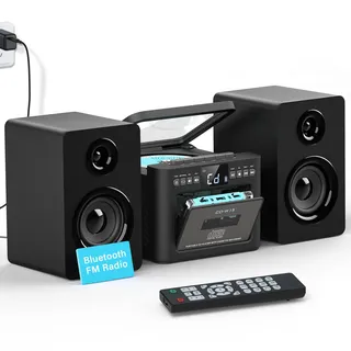 Greadio Stereoanlage mit CD Player und Kassettenrekorder, 40-W-Lautsprecher mit Bluetooth 5.1, Kassettenspieler mit FM Radio/USB/TF/AUX/Fernbedienung, HiFi Musikanlage (Schwarz)