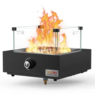 onlyfire Tisch Gas Feuerstelle mit Glaswindschutz, Lavastein und Unterer Lufteinlass, Propan Gas Tischfeuer, Ambientebeleuchtungen, Tischfeuerstelle für Garten/Heizung/Terrasse/Camping